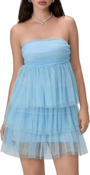 Women Strapless Tulle Puffy Mini Dresses Off Shoulder Layered Ruffle Hem Cake Dress Solid Color Princess Dress