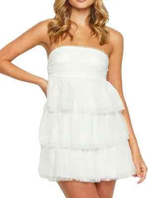 Women Strapless Tulle Puffy Mini Dresses Off Shoulder Layered Ruffle Hem Cake Dress Solid Color Princess Dress