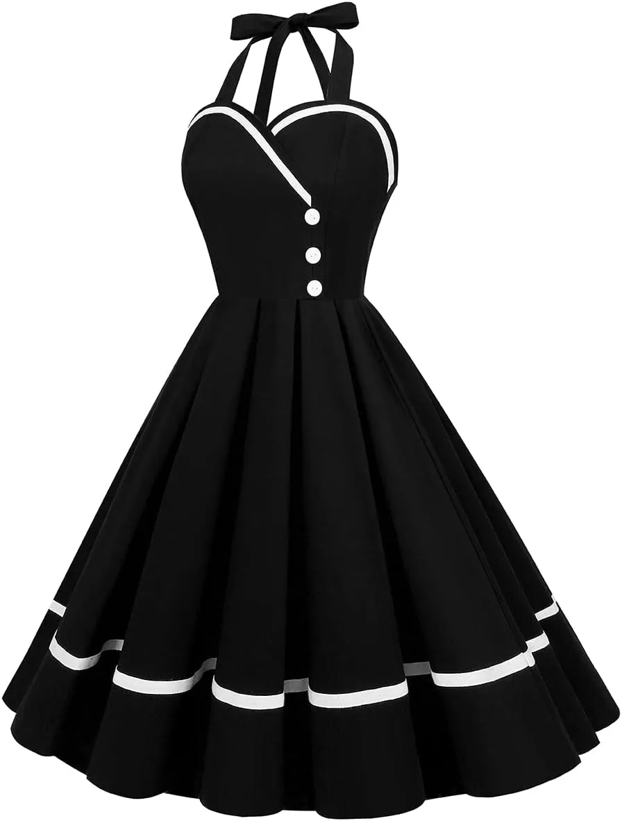 Women Vintage 1950s Retro Polka Dot Swing Dress Sleeveless Backless Halter Neck