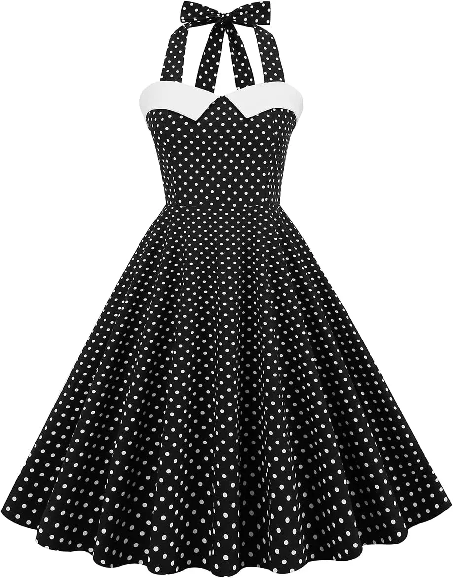 Women Vintage 1950s Retro Polka Dot Swing Dress Sleeveless Backless Halter Neck