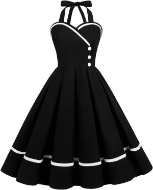 Women Vintage 1950s Retro Polka Dot Swing Dress Sleeveless Backless Halter Neck