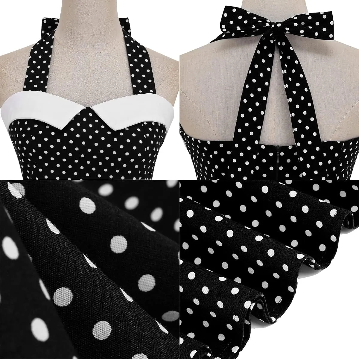 Women Vintage 1950s Retro Polka Dot Swing Dress Sleeveless Backless Halter Neck