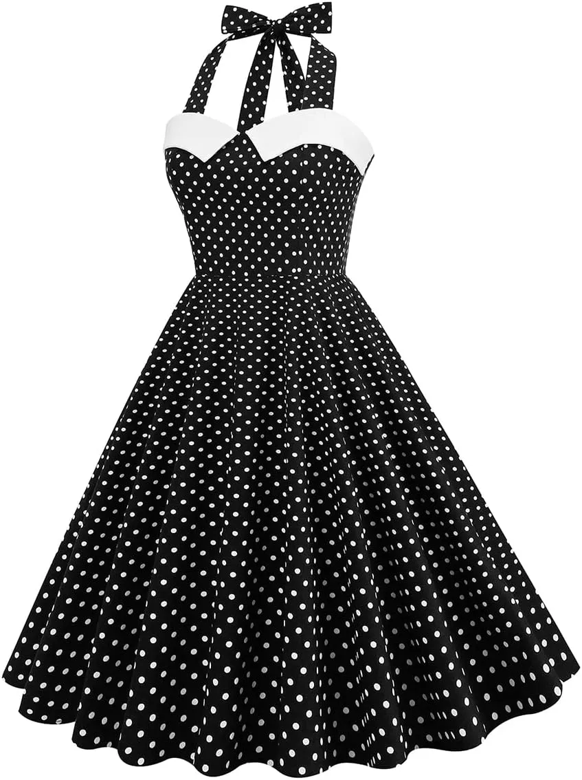 Women Vintage 1950s Retro Polka Dot Swing Dress Sleeveless Backless Halter Neck