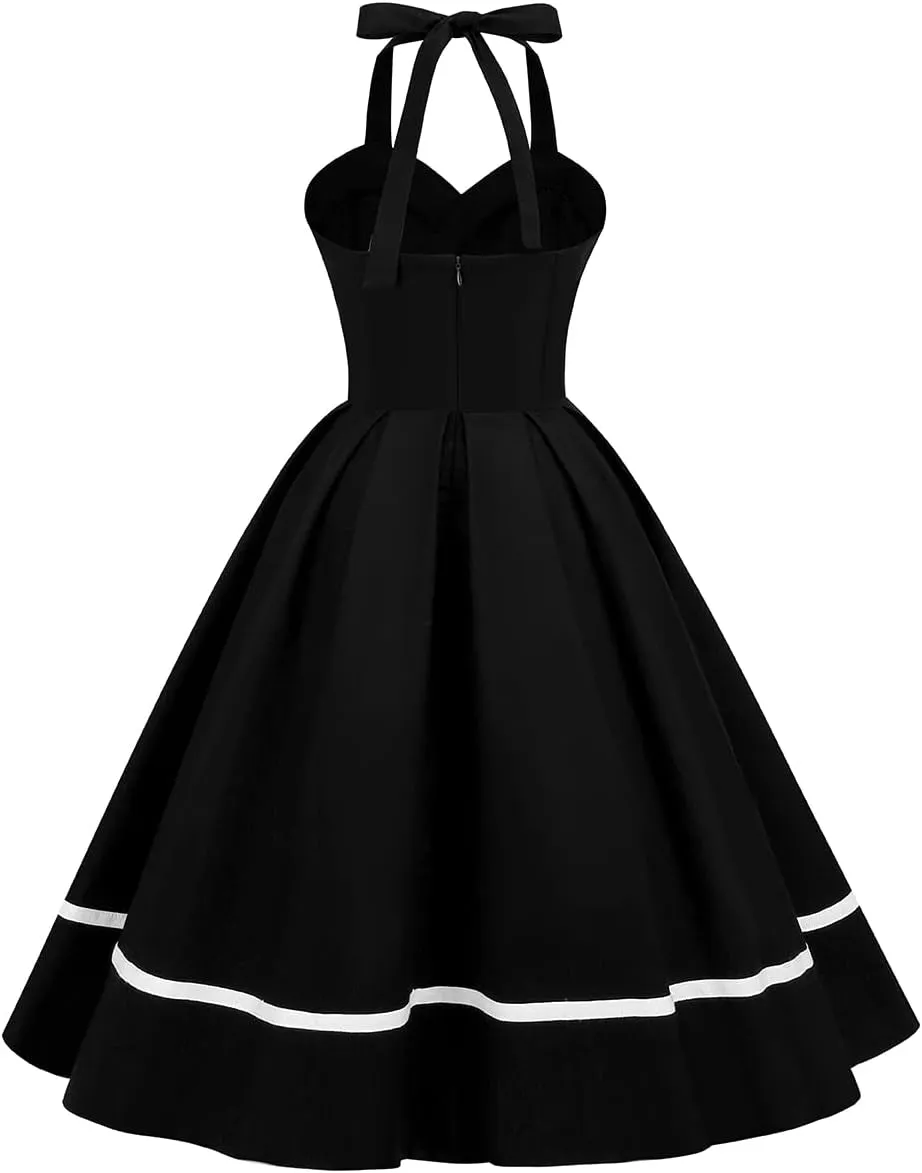 Women Vintage 1950s Retro Polka Dot Swing Dress Sleeveless Backless Halter Neck