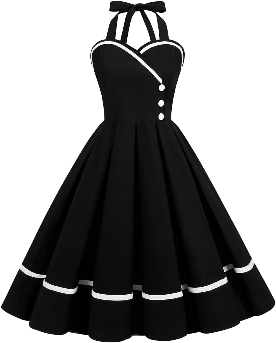 Women Vintage 1950s Retro Polka Dot Swing Dress Sleeveless Backless Halter Neck