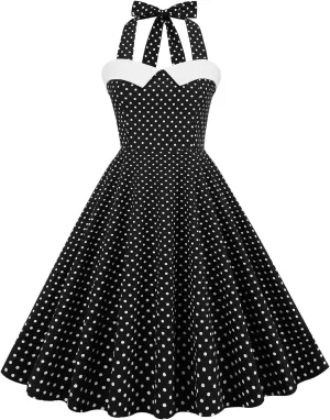 Women Vintage 1950s Retro Polka Dot Swing Dress Sleeveless Backless Halter Neck