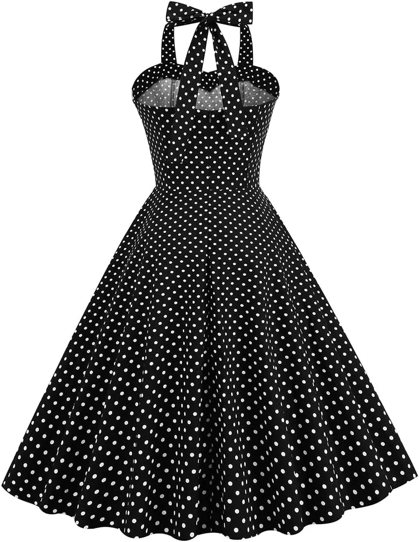 Women Vintage 1950s Retro Polka Dot Swing Dress Sleeveless Backless Halter Neck