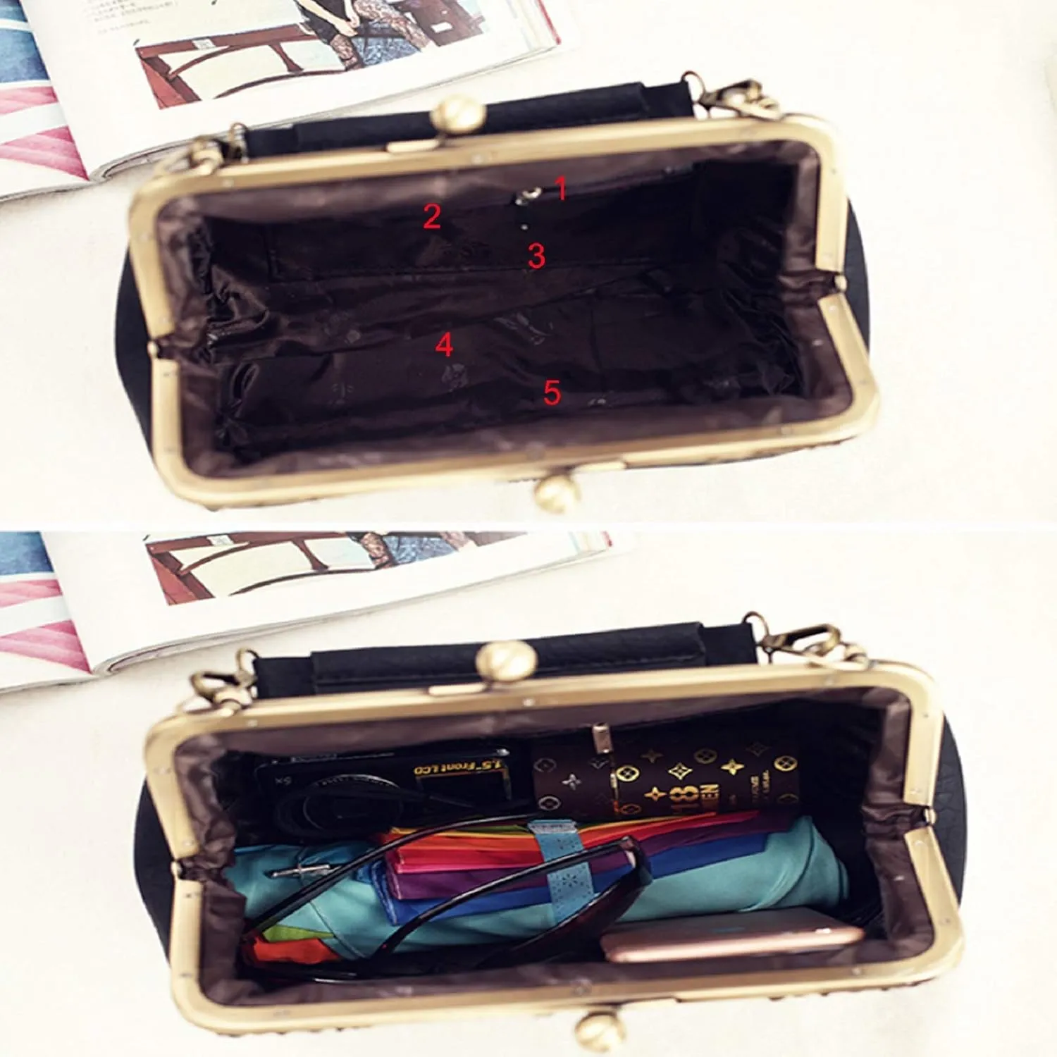Women Wedding Vintage Pu Handbag - Kiss Lock Antique Minimalist Purse