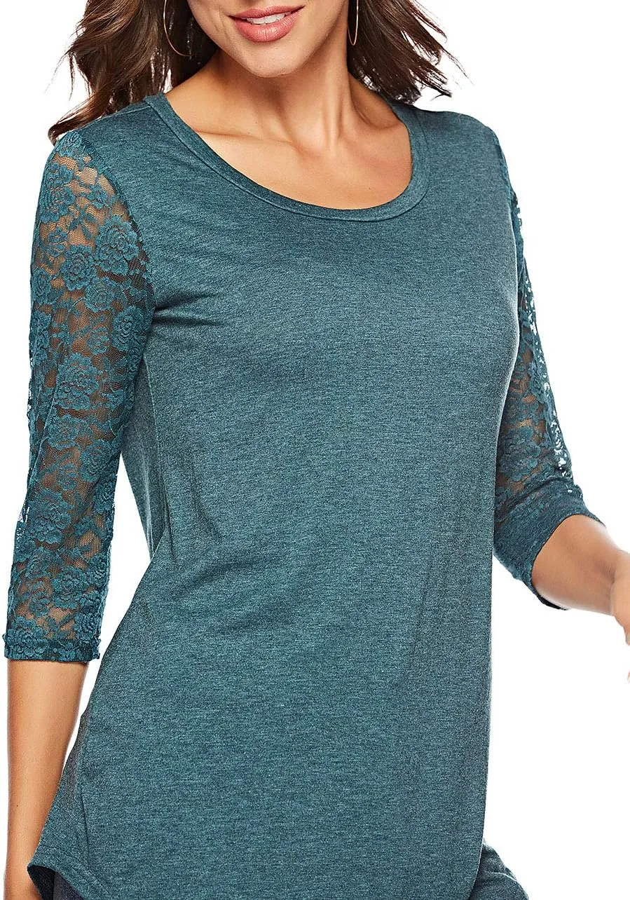 Women's 3/4 Lace Sleeve Round Neck T-Shirt Casual Blouses Tunics Tops