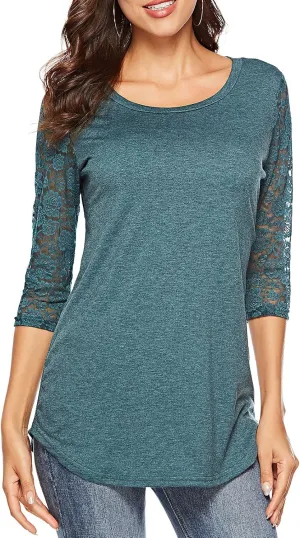 Women's 3/4 Lace Sleeve Round Neck T-Shirt Casual Blouses Tunics Tops