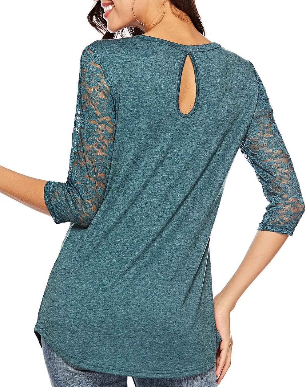 Women's 3/4 Lace Sleeve Round Neck T-Shirt Casual Blouses Tunics Tops