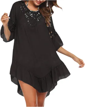 Women's Backless Beach Cover-Up Dress with Hand Hook Stitching - Elegant Blouse for Swimwear Resort Wear and