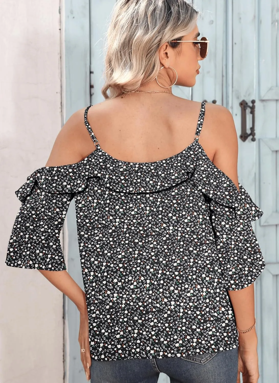 Women's Cold Shoulder Blouses Ruffle Dressy Casual 3/4 Sleeve Chiffon Tops Flowy Adjustable Strap Summer Shirt