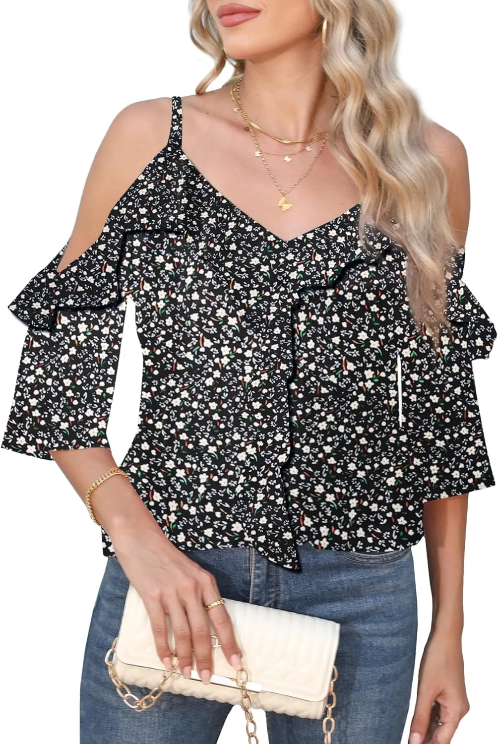 Women's Cold Shoulder Blouses Ruffle Dressy Casual 3/4 Sleeve Chiffon Tops Flowy Adjustable Strap Summer Shirt