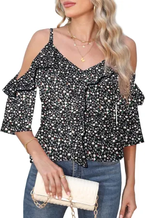 Women's Cold Shoulder Blouses Ruffle Dressy Casual 3/4 Sleeve Chiffon Tops Flowy Adjustable Strap Summer Shirt
