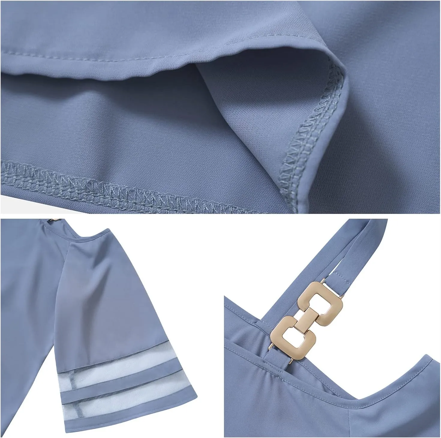 Women's Cold Shoulder Chiffon Blouse 3/4 Bell Sleeve Mesh Panel Tops Casual Loose One Shoulder Strappy Summer Shirts