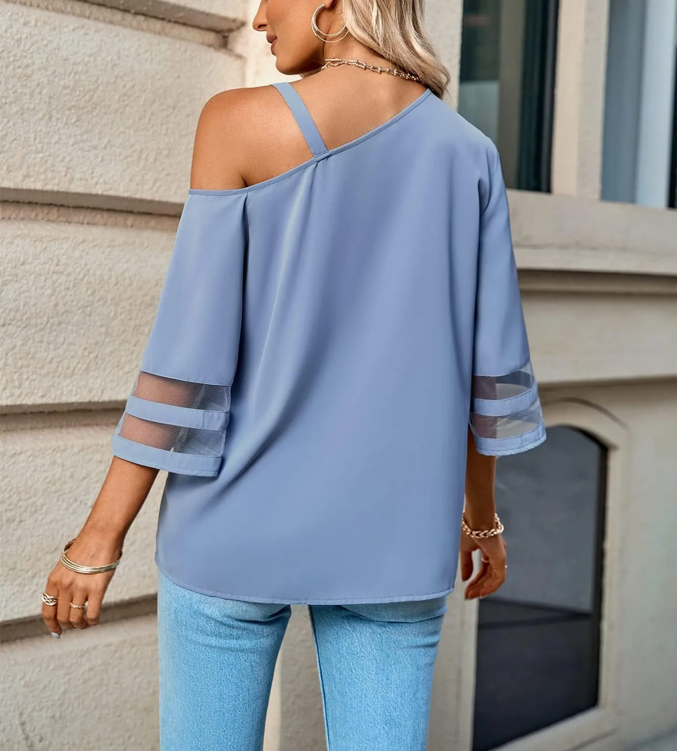 Women's Cold Shoulder Chiffon Blouse 3/4 Bell Sleeve Mesh Panel Tops Casual Loose One Shoulder Strappy Summer Shirts