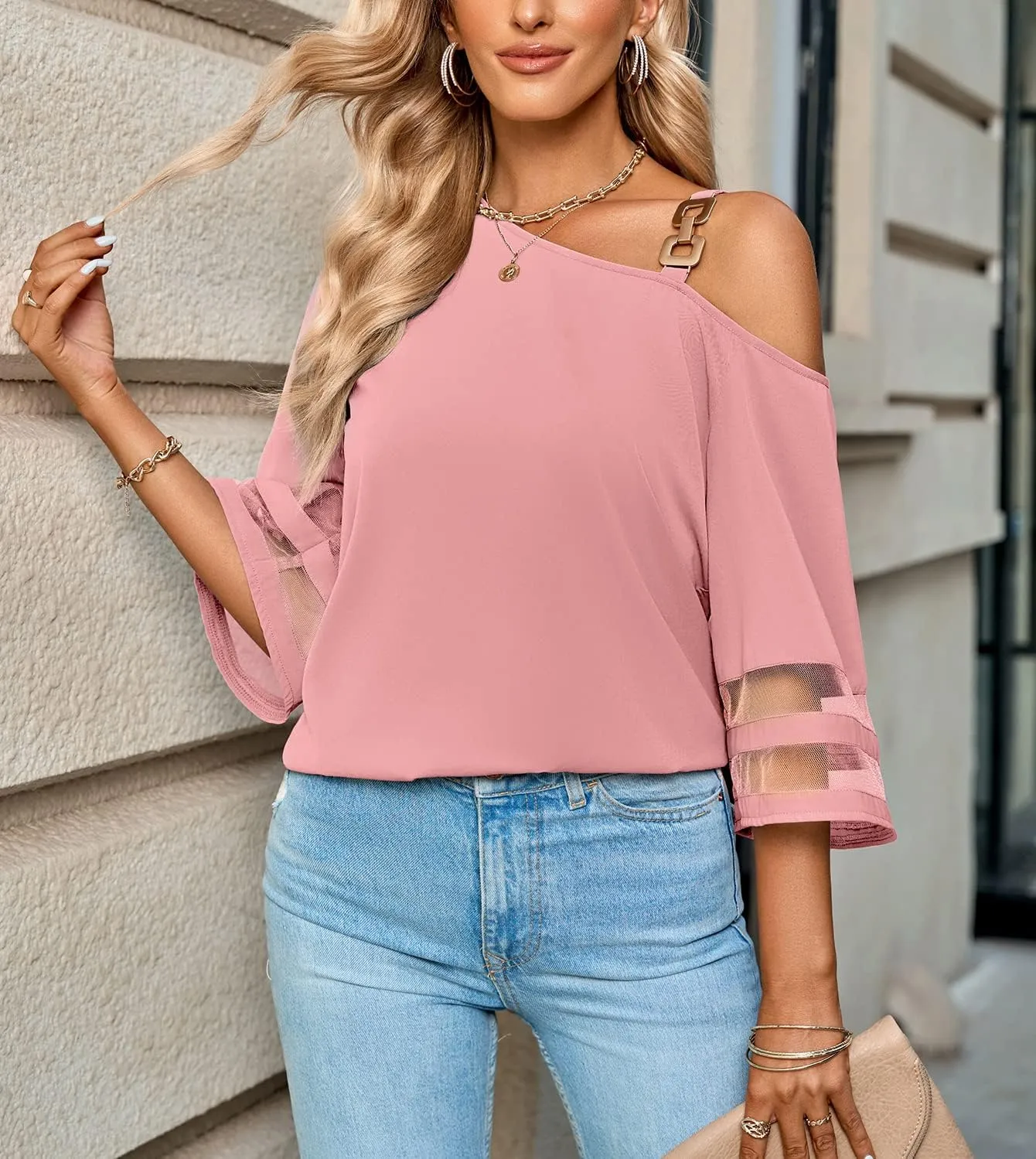 Women's Cold Shoulder Chiffon Blouse 3/4 Bell Sleeve Mesh Panel Tops Casual Loose One Shoulder Strappy Summer Shirts
