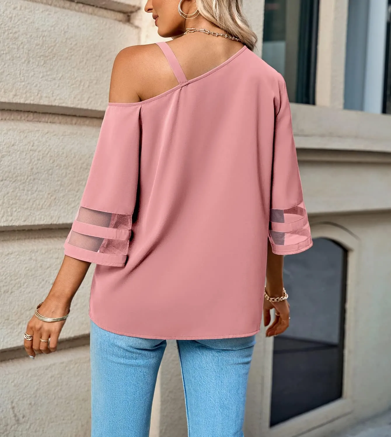 Women's Cold Shoulder Chiffon Blouse 3/4 Bell Sleeve Mesh Panel Tops Casual Loose One Shoulder Strappy Summer Shirts