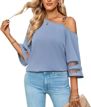 Women's Cold Shoulder Chiffon Blouse 3/4 Bell Sleeve Mesh Panel Tops Casual Loose One Shoulder Strappy Summer Shirts