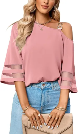 Women's Cold Shoulder Chiffon Blouse 3/4 Bell Sleeve Mesh Panel Tops Casual Loose One Shoulder Strappy Summer Shirts