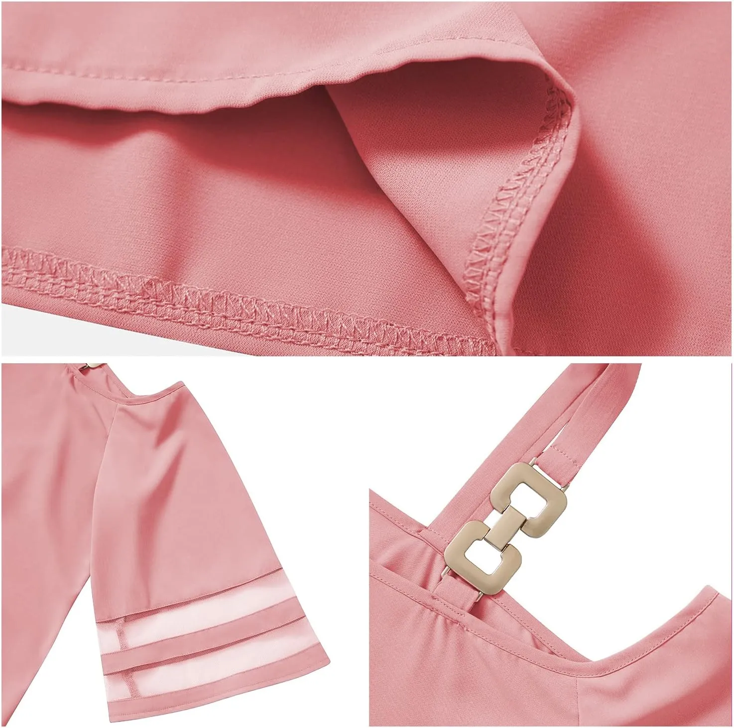Women's Cold Shoulder Chiffon Blouse 3/4 Bell Sleeve Mesh Panel Tops Casual Loose One Shoulder Strappy Summer Shirts