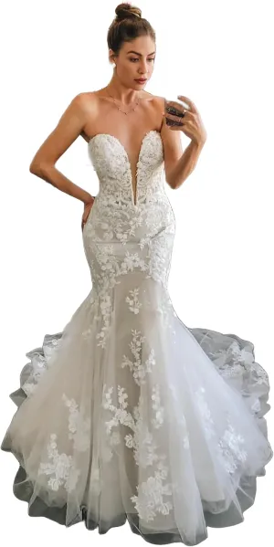 Women's Lace Mermaid Wedding Dresses for Bride Beach Tulle Applique Boho Bridal Dress for Bride with Train