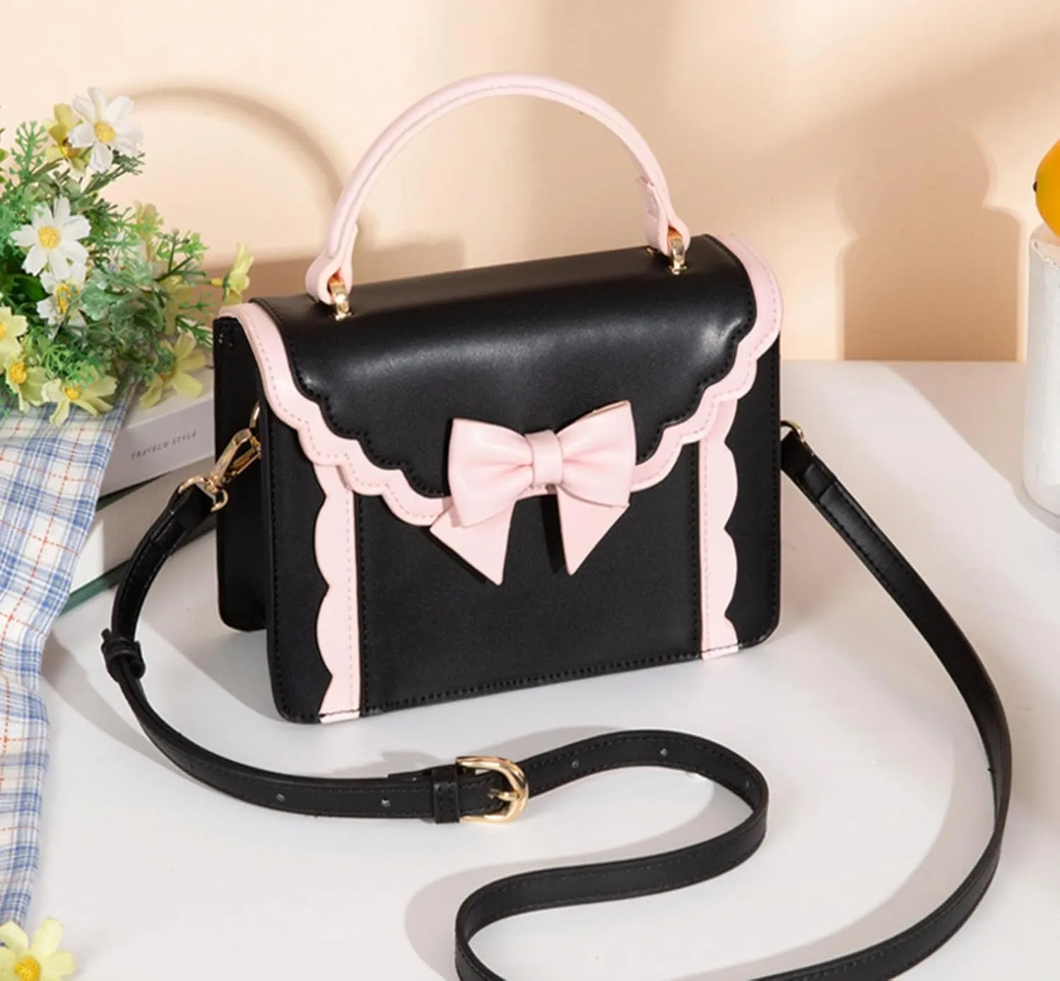 Women's Lolita Messenger Bag Sweet Bowknot Fashion PU Leather Satchel Handbag Anime Crossbody Shoulder Bag