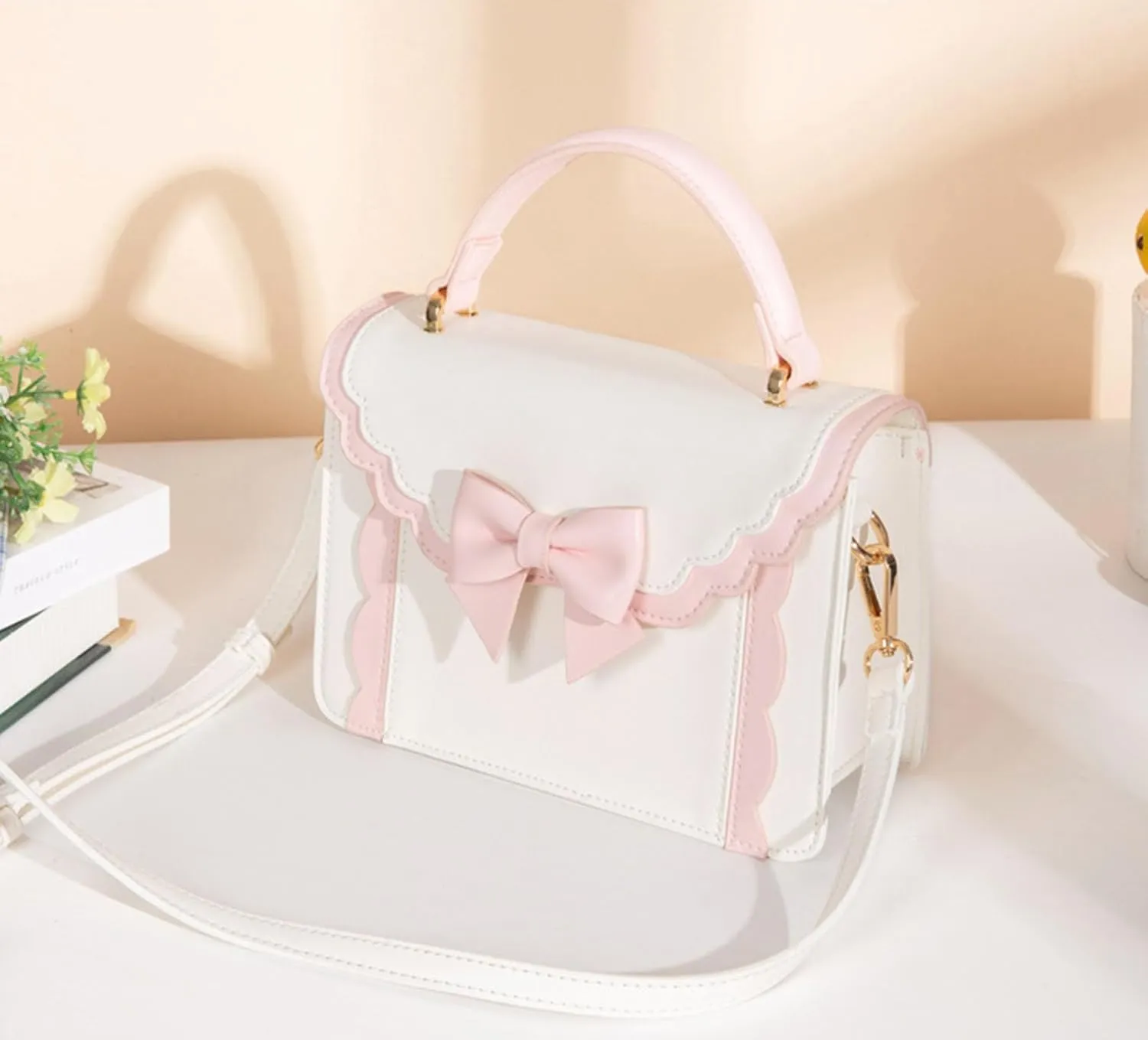 Women's Lolita Messenger Bag Sweet Bowknot Fashion PU Leather Satchel Handbag Anime Crossbody Shoulder Bag