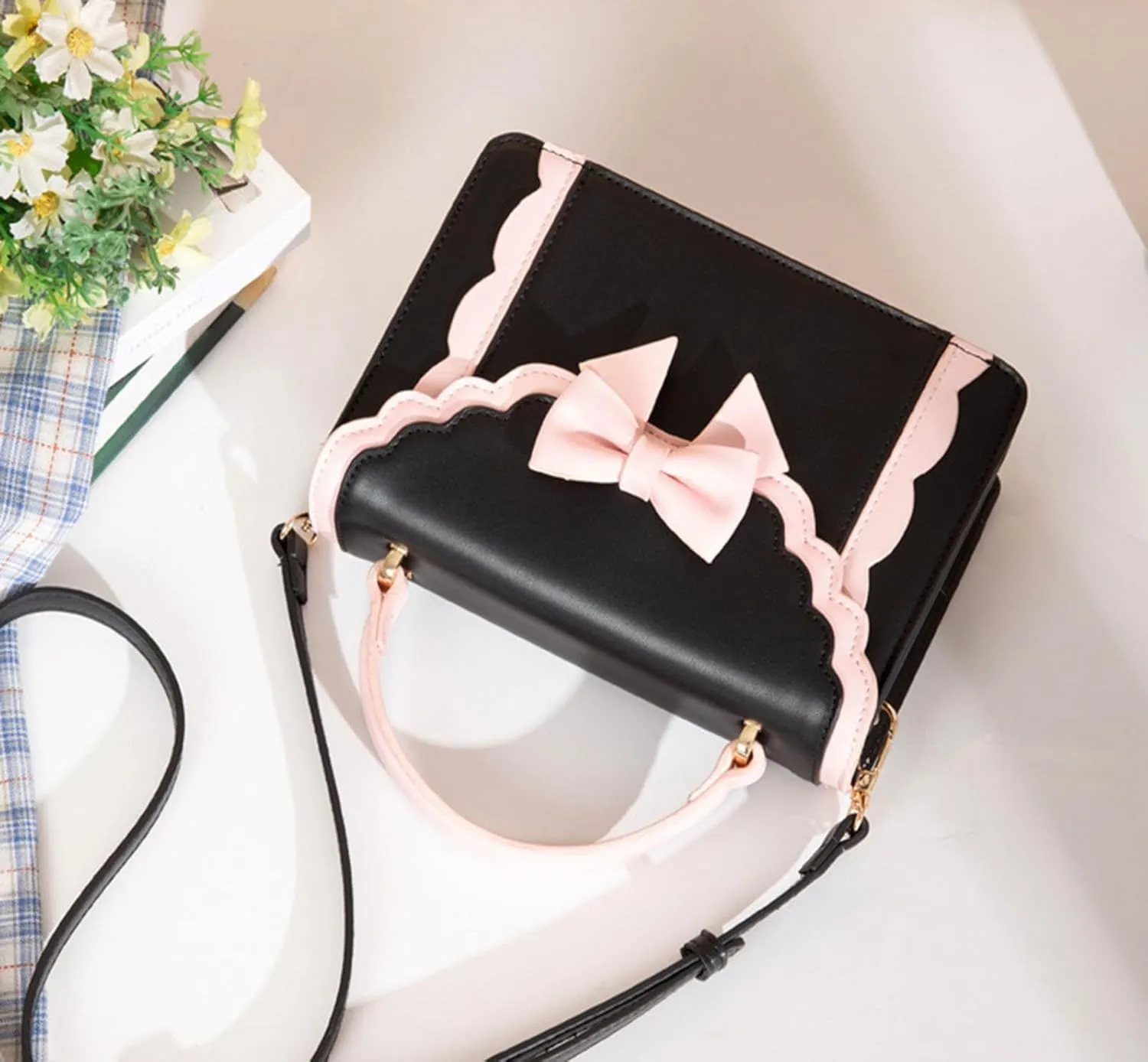 Women's Lolita Messenger Bag Sweet Bowknot Fashion PU Leather Satchel Handbag Anime Crossbody Shoulder Bag