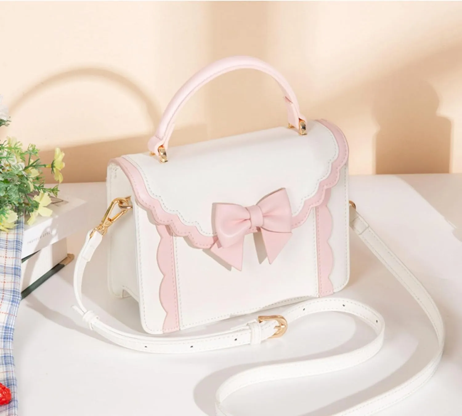Women's Lolita Messenger Bag Sweet Bowknot Fashion PU Leather Satchel Handbag Anime Crossbody Shoulder Bag