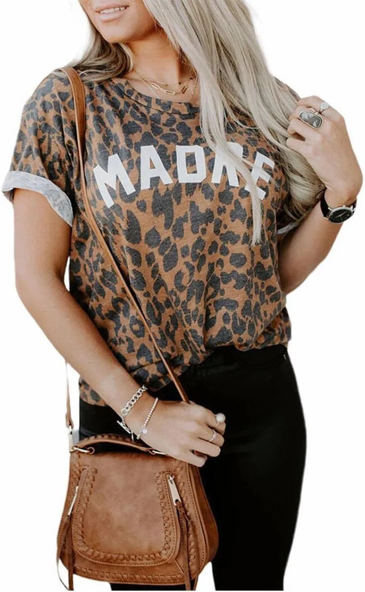 Womens Madre Leopard Print T-Shirts Short Sleeve Mama Shirts Cheetah Mom Graphic Tees Tops