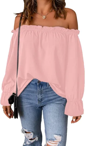 Women's Off Shoulder Top Ruffle Long Sleeve Chiffon Blouse Casual Loose Shirts