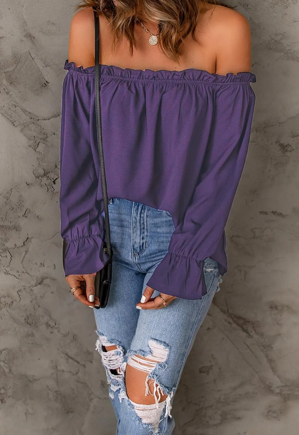 Women's Off Shoulder Top Ruffle Long Sleeve Chiffon Blouse Casual Loose Shirts