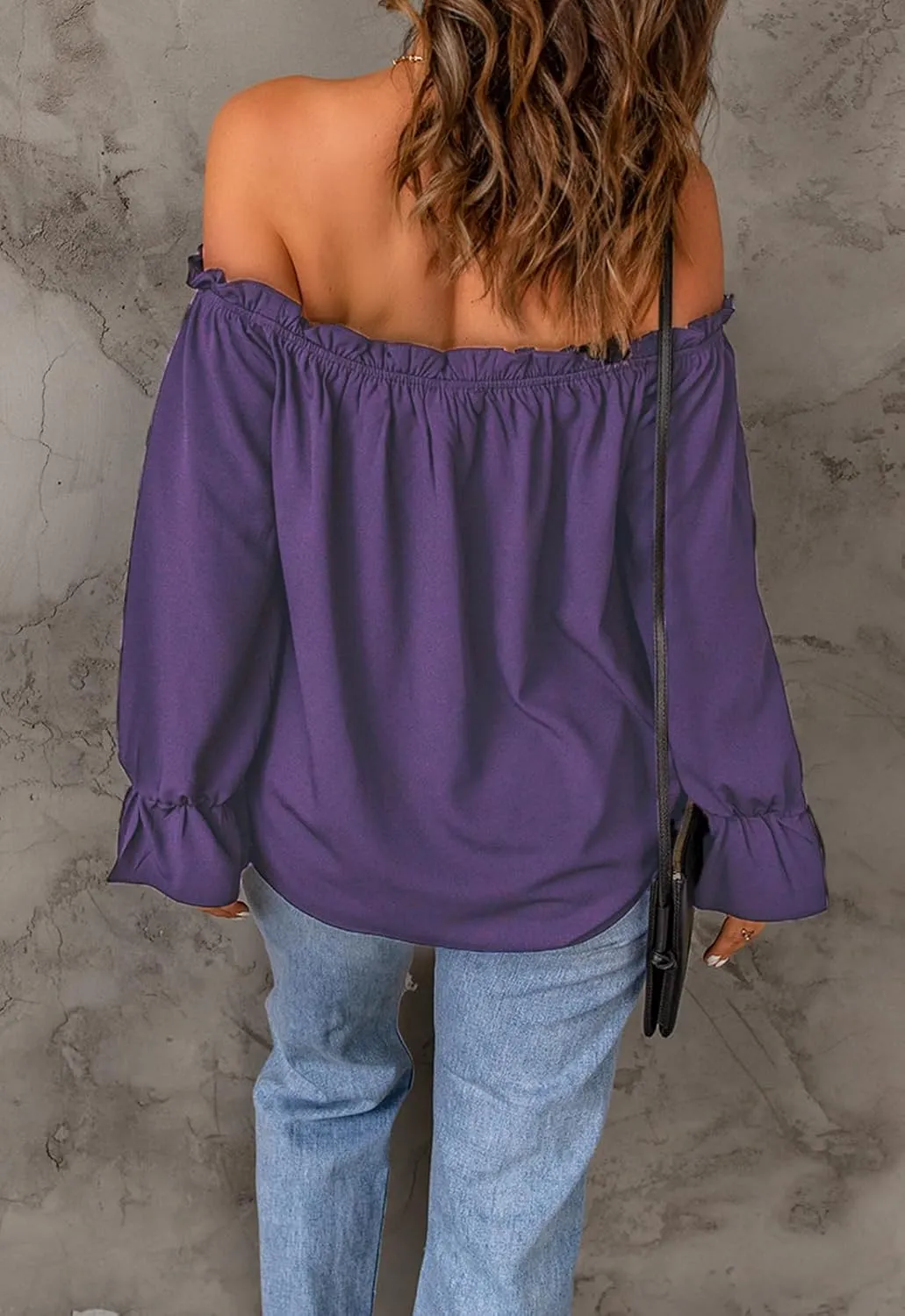 Women's Off Shoulder Top Ruffle Long Sleeve Chiffon Blouse Casual Loose Shirts