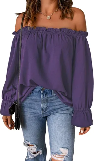 Women's Off Shoulder Top Ruffle Long Sleeve Chiffon Blouse Casual Loose Shirts