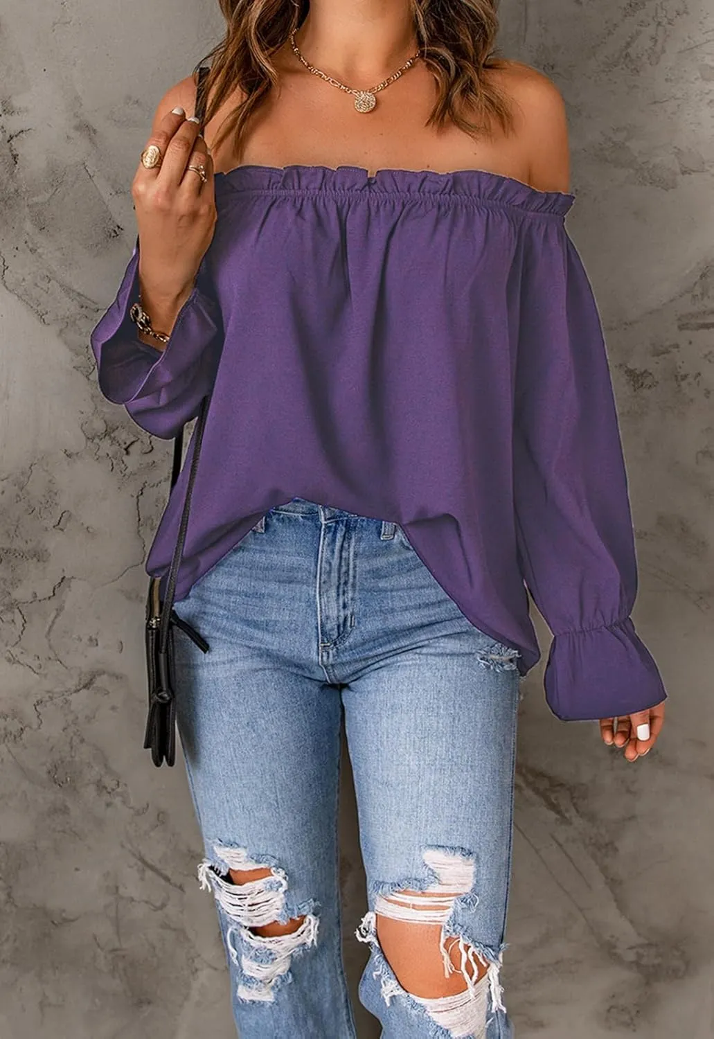 Women's Off Shoulder Top Ruffle Long Sleeve Chiffon Blouse Casual Loose Shirts