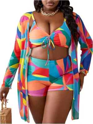 Women's Plus Size Bathing Suit 3 Piece Bikini Set Tie Front High Waisted Swimsuit with Cover Up Swim Shorts Set