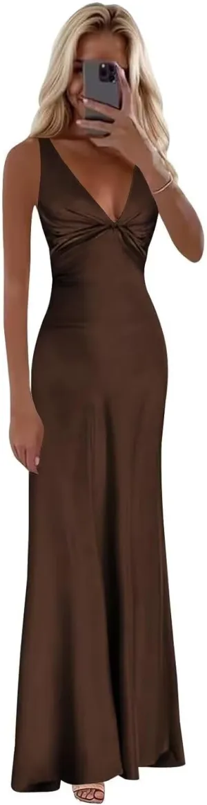 Women's Satin Bridesmaid Dresses for Wedding with Slit A Line Spaghetti Straps Long Formal Prom Evening Dress