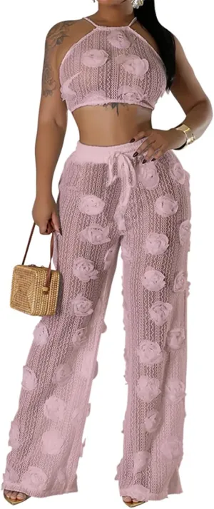 Women's Sexy 2 PCS 3D Flowers Knitted Lace Up Tank Tops Bodycon Wide Leg Pants Cocktail Party Outfits Tracksuit Set