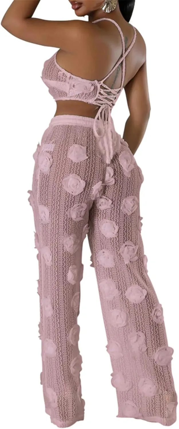 Women's Sexy 2 PCS 3D Flowers Knitted Lace Up Tank Tops Bodycon Wide Leg Pants Cocktail Party Outfits Tracksuit Set