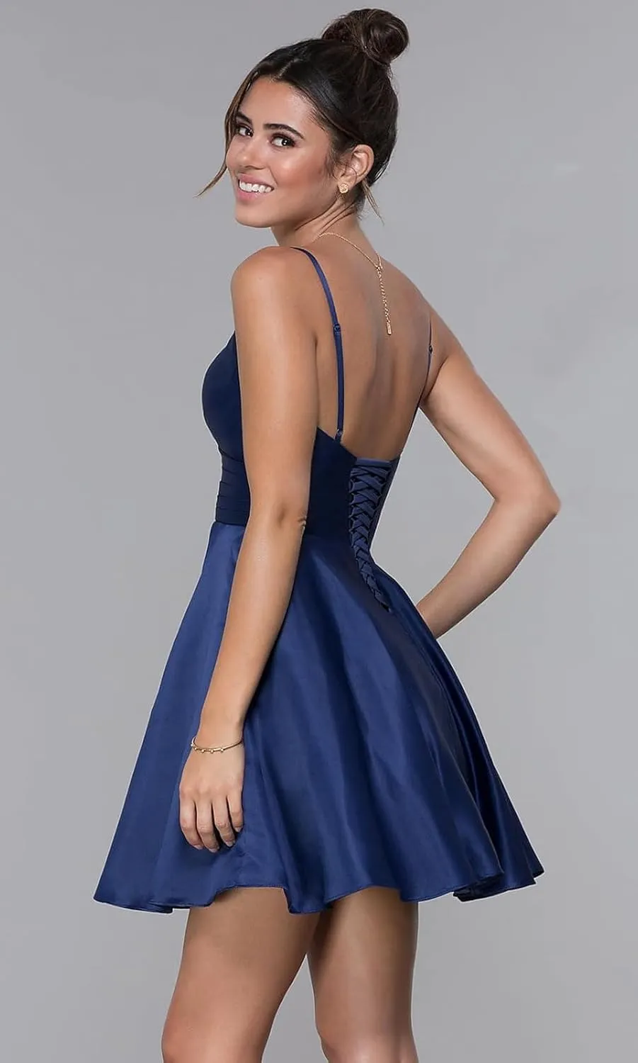 Women's Short Homecoming Dresses for Teens with Pockets V Neck Pleated Satin Prom Cocktail Gowns