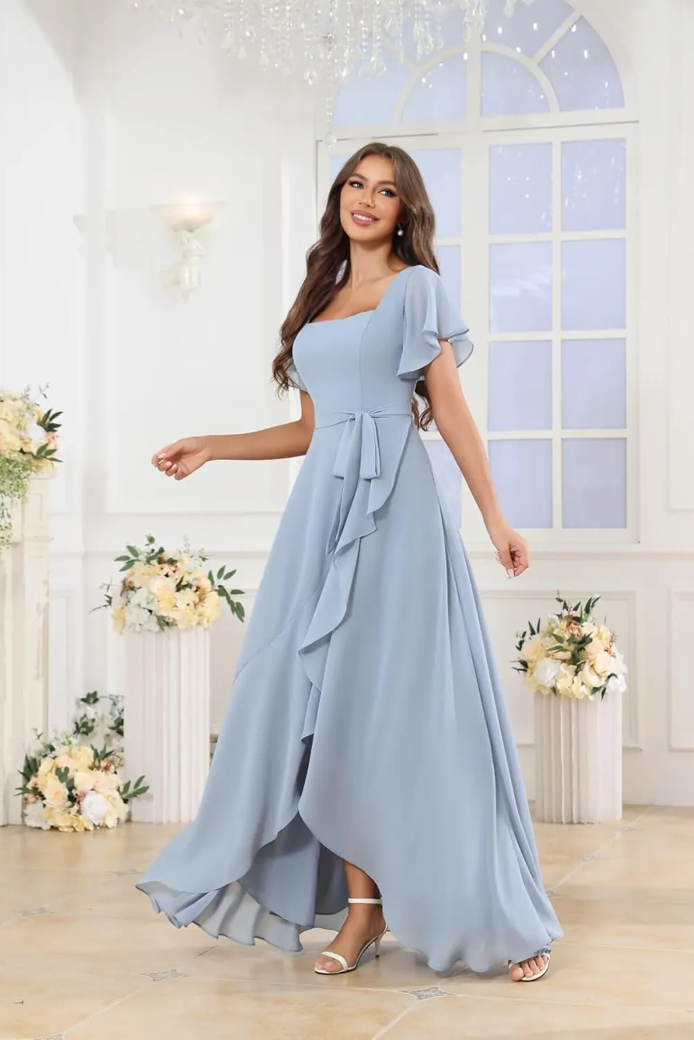 Women's Square Neck Bridesmaid Dresses Short Ruffle Sleeve High Low Chiffon Bow Tie Formal Dresses
