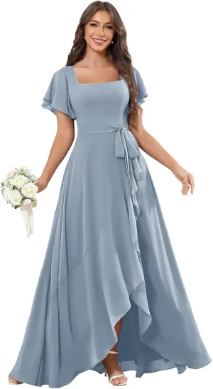 Women's Square Neck Bridesmaid Dresses Short Ruffle Sleeve High Low Chiffon Bow Tie Formal Dresses