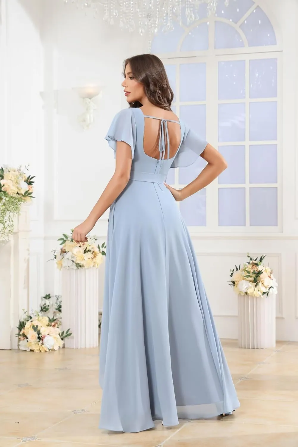 Women's Square Neck Bridesmaid Dresses Short Ruffle Sleeve High Low Chiffon Bow Tie Formal Dresses