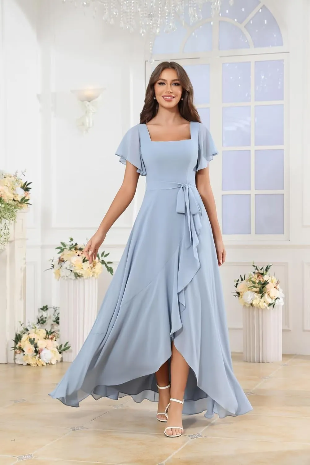 Women's Square Neck Bridesmaid Dresses Short Ruffle Sleeve High Low Chiffon Bow Tie Formal Dresses