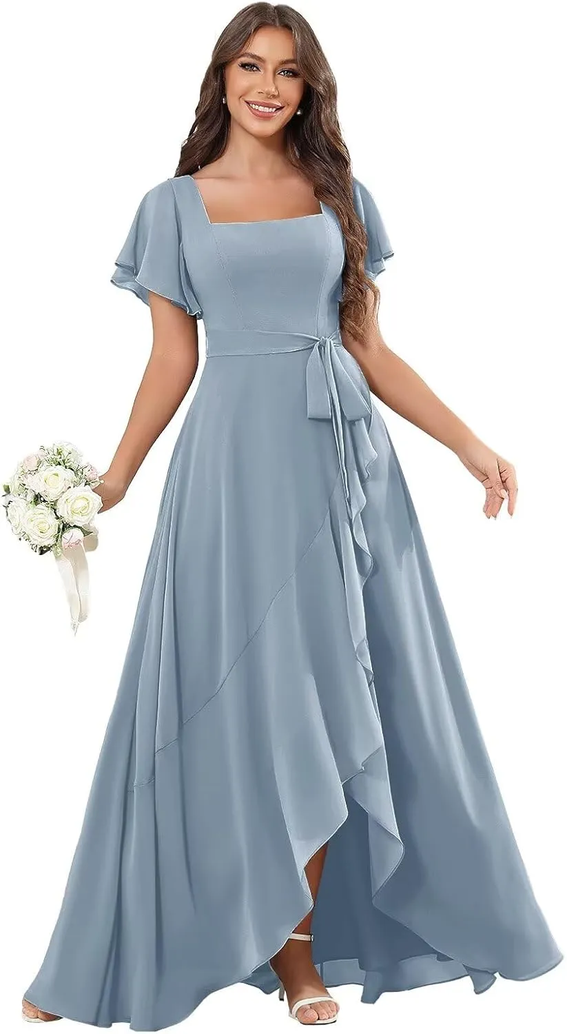 Women's Square Neck Bridesmaid Dresses Short Ruffle Sleeve High Low Chiffon Bow Tie Formal Dresses