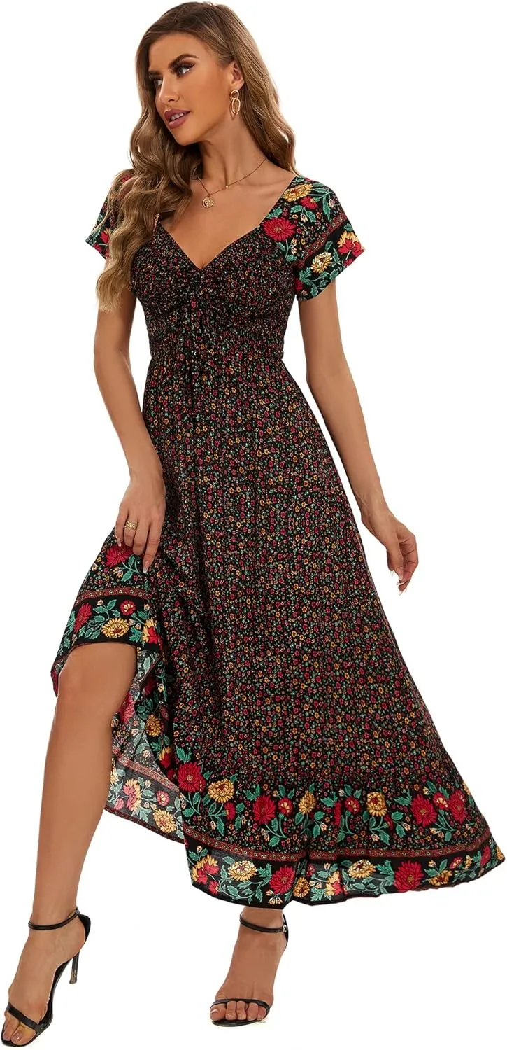 Women's Summer Floral Maxi Dress Casual Short Sleeve Flowy Boho Beach Party Long Dress