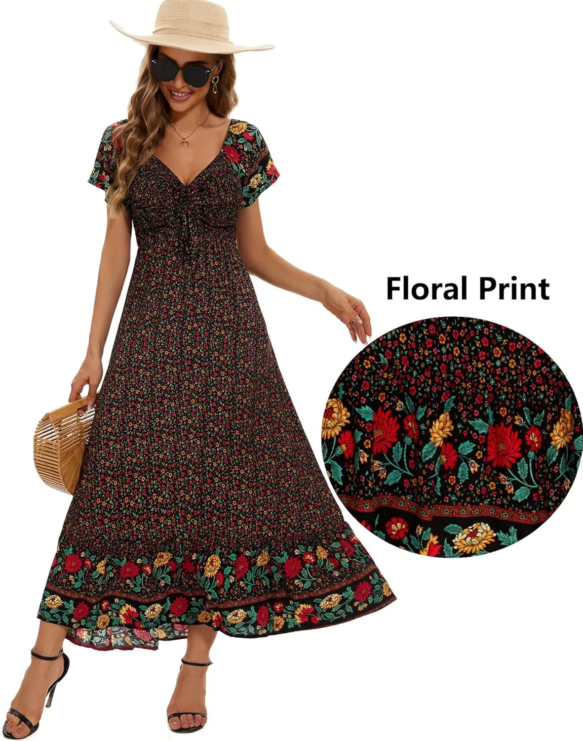 Women's Summer Floral Maxi Dress Casual Short Sleeve Flowy Boho Beach Party Long Dress