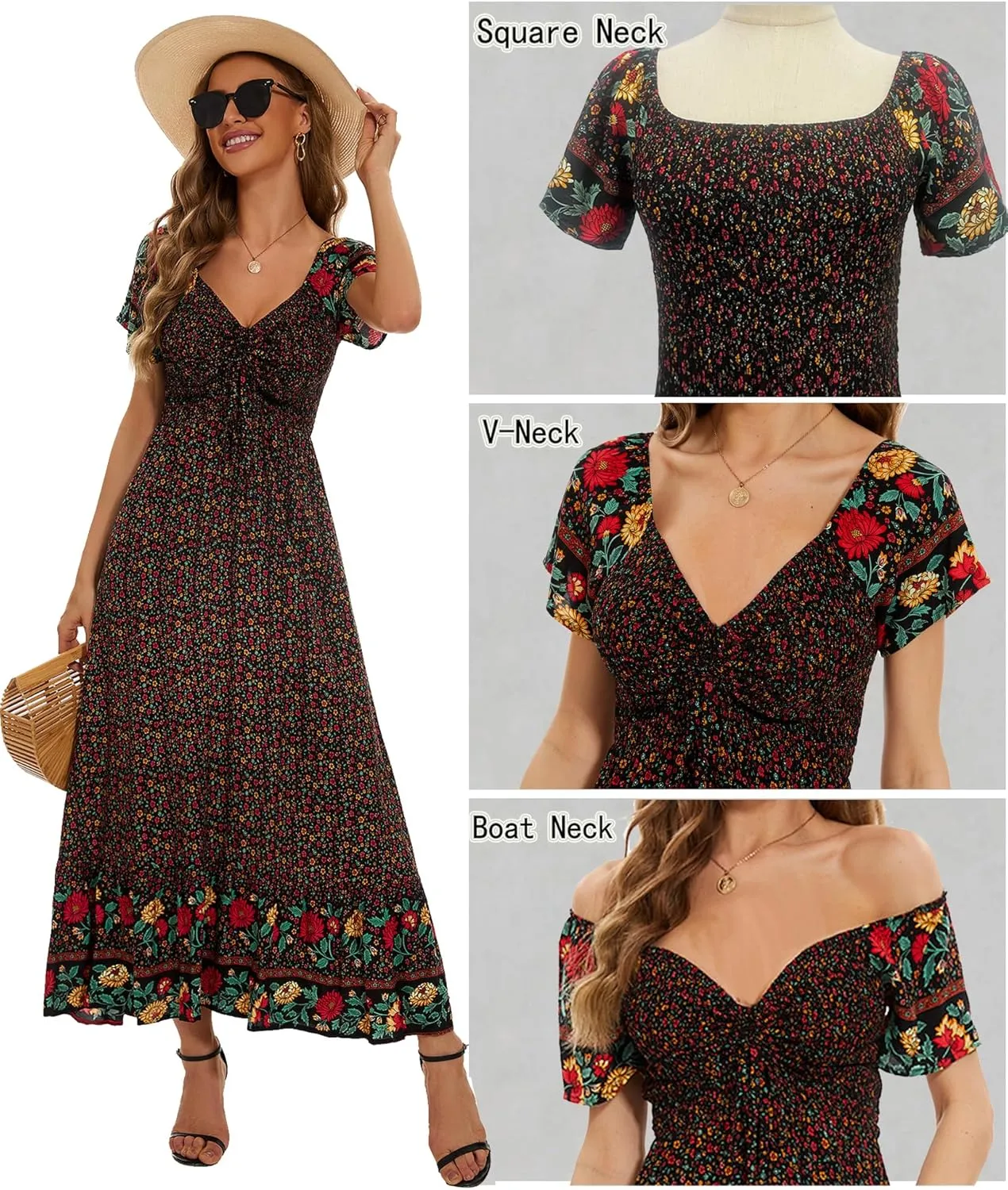 Women's Summer Floral Maxi Dress Casual Short Sleeve Flowy Boho Beach Party Long Dress